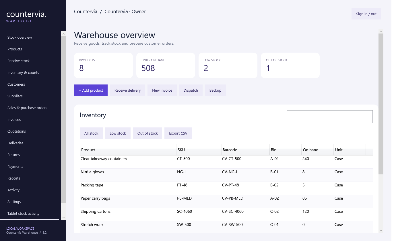 Countervia Warehouse application